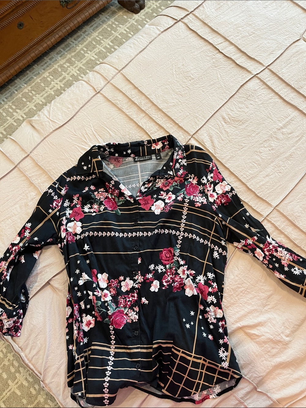 New York & Company Black Floral Button-Down Blouse with Pink Roses